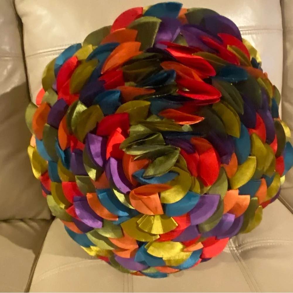Vintage Handmade Satin Ribbon Rosette Throw Pillow Colorful Petal Design Boho